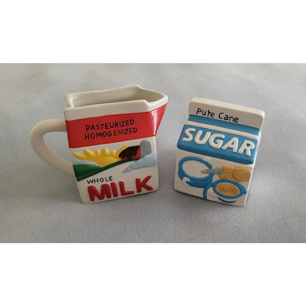 BOSTON WAREHOUSE Milk & Sugar Cartons Pitcher & Sugar Ceramic Set w/ Lid-Vintage